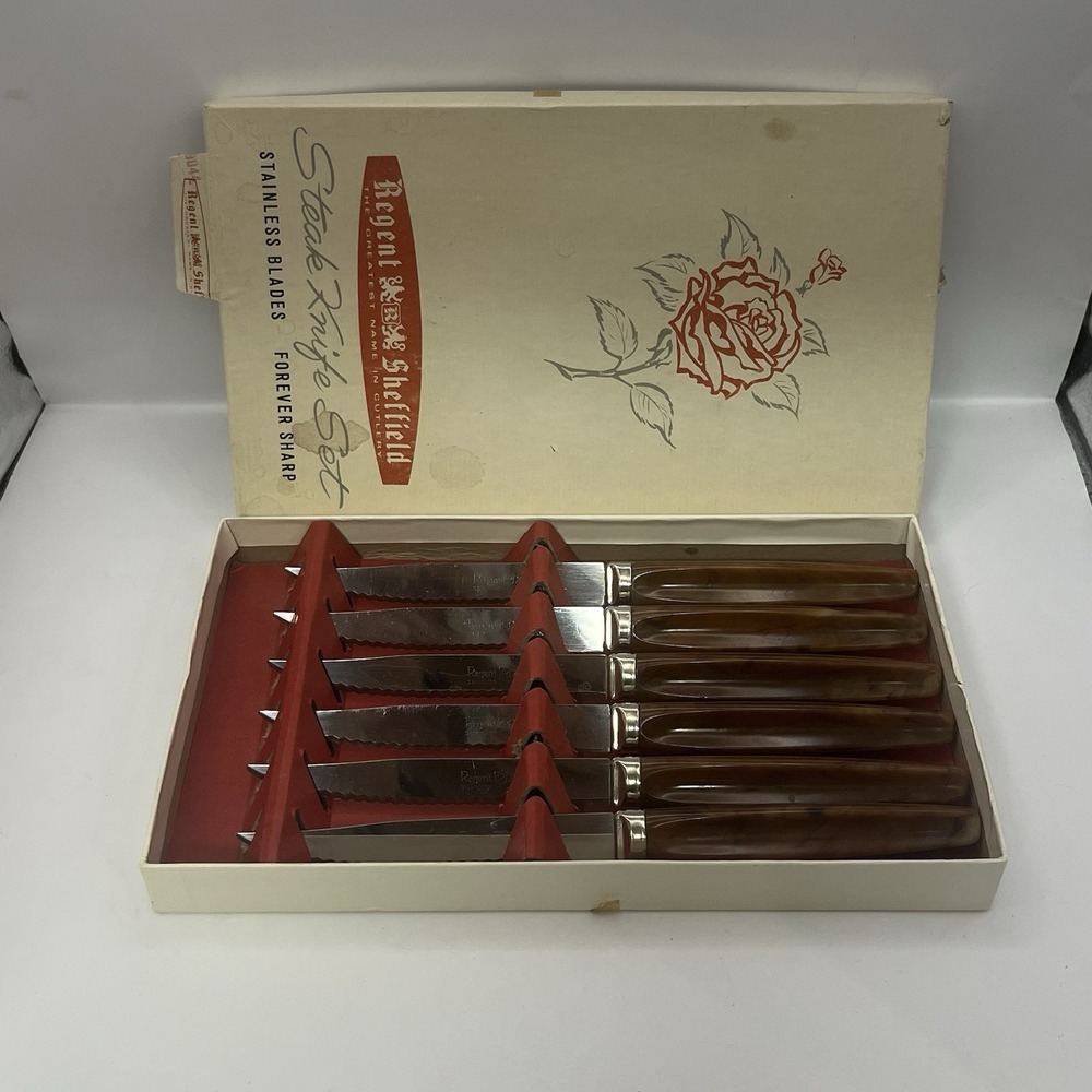 Regent Sheffield Steak Knife Set 6 Piece Stainless England Marbled Brown Handles